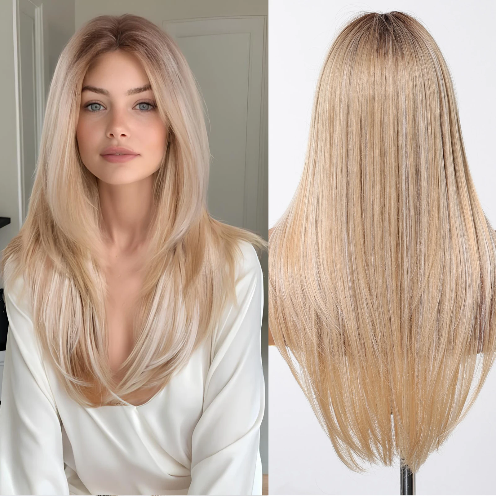 

DWY Hairline Кружевные фронтальные волосы Синтетические парики для женщин 26 дюймов Длинные прямые Ombre Коричневые светлые парики Средняя часть Парик на шнурке Ежедневно