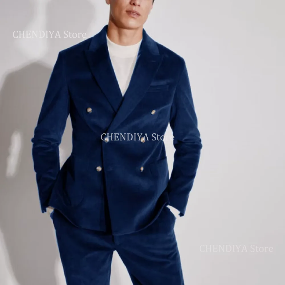 

Elegant Velvet Men's Suits Double Breasted Formal Blazer Peak Lapel Slim Fit Suit Sets 2 Piece Evening Party Business Outfit