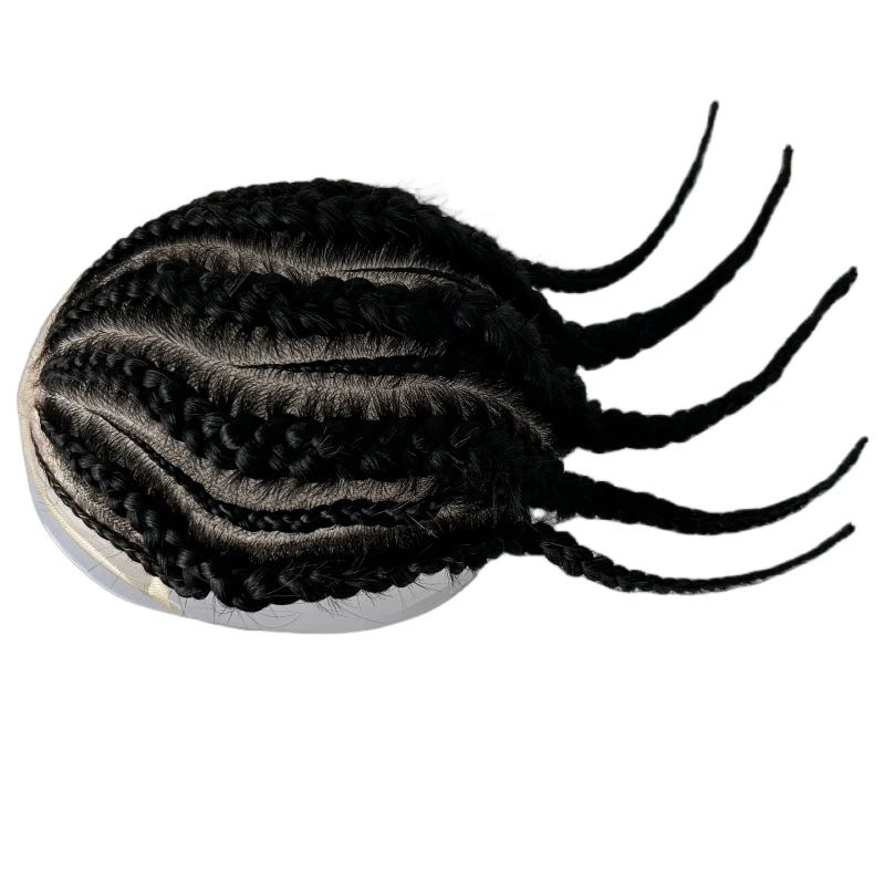 قطع شعر بشري عذراء برازيلية # 1B ضفائر كورنو سوداء اللون الحرير مع قاعدة الدانتيل الأمامي الشعر المستعار 8x10 وحدة الحرير للرجال #4