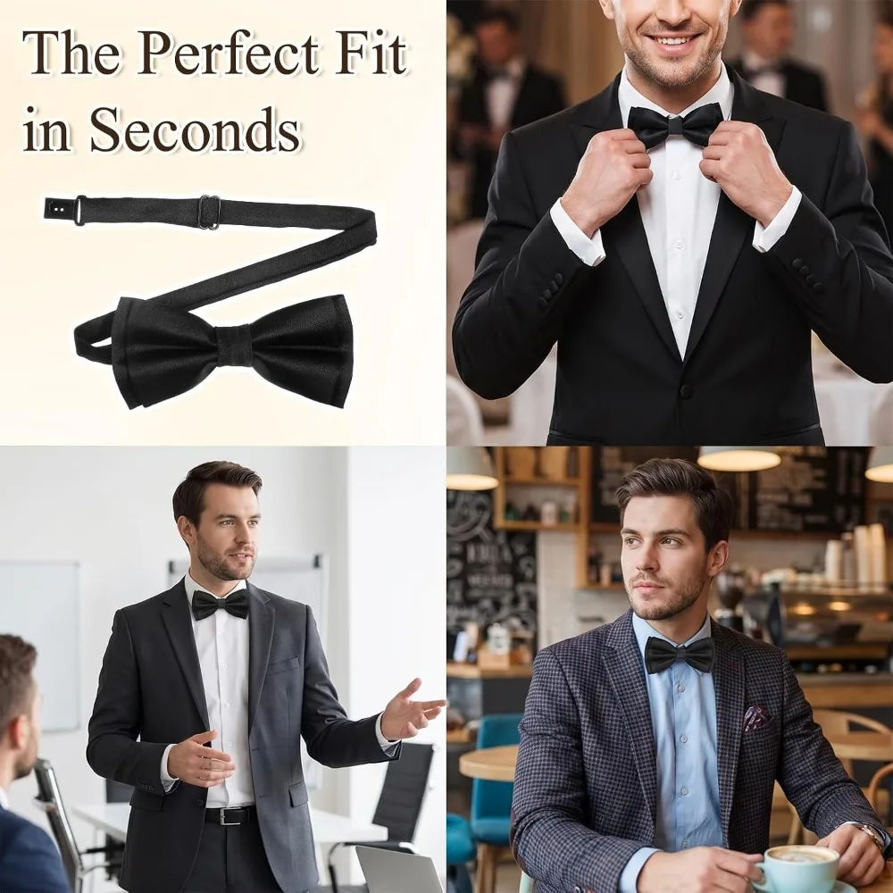 Men's Bow Ties, 2-Pack Solid Color Pre-Tied Adjustable Bow Tie for Weddings, Formal Events, Business, Daily Wear view 6
