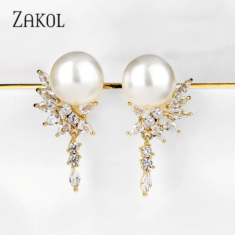 ZAKOL Luxury Bridal Wedding Earring for Women Cubic Zirconia Gold Color Dangle Earrings