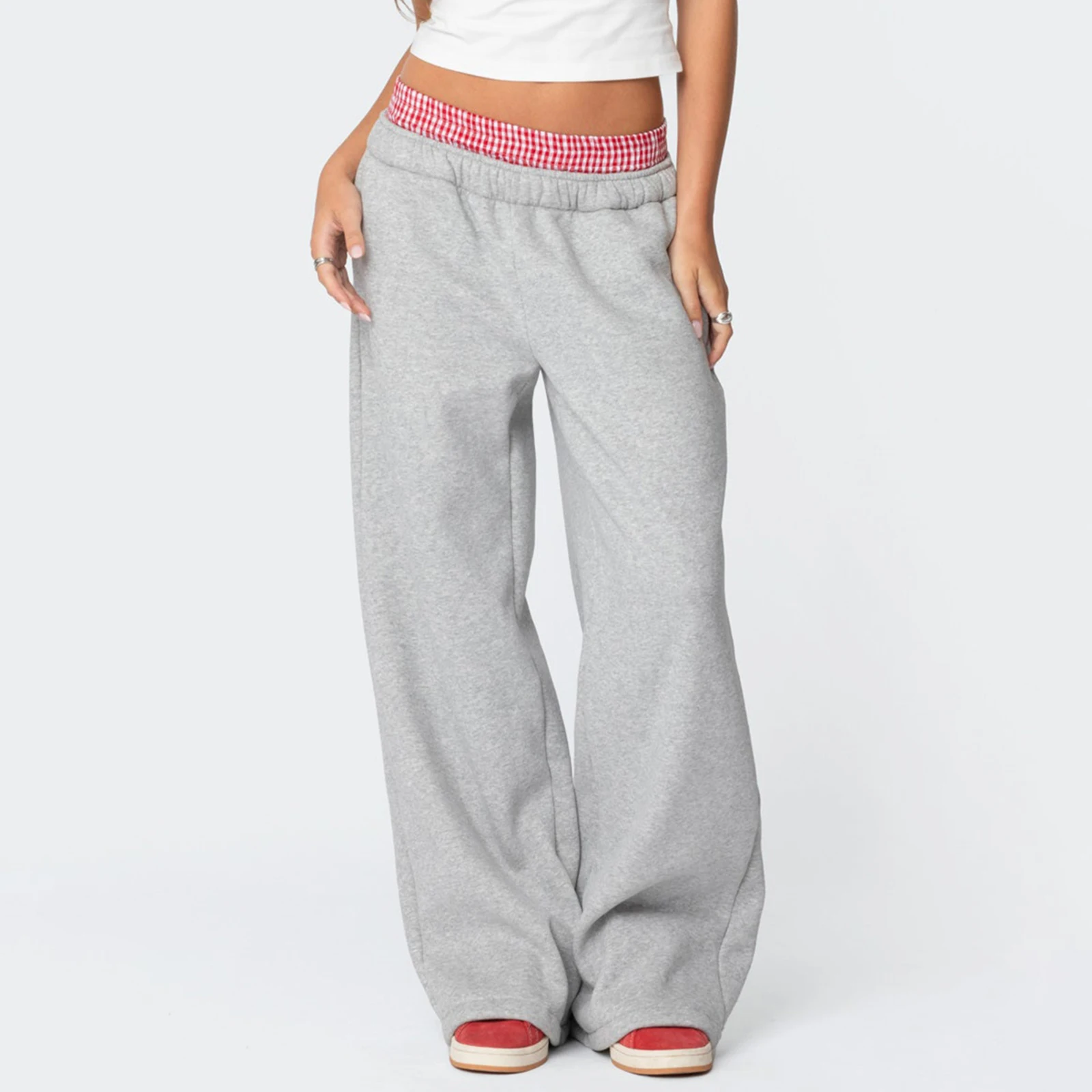 Calças atléticas casuais esportes femininos elástico jogger sweatpants xadrez retalhos treino correndo calças com bolsos streetwear