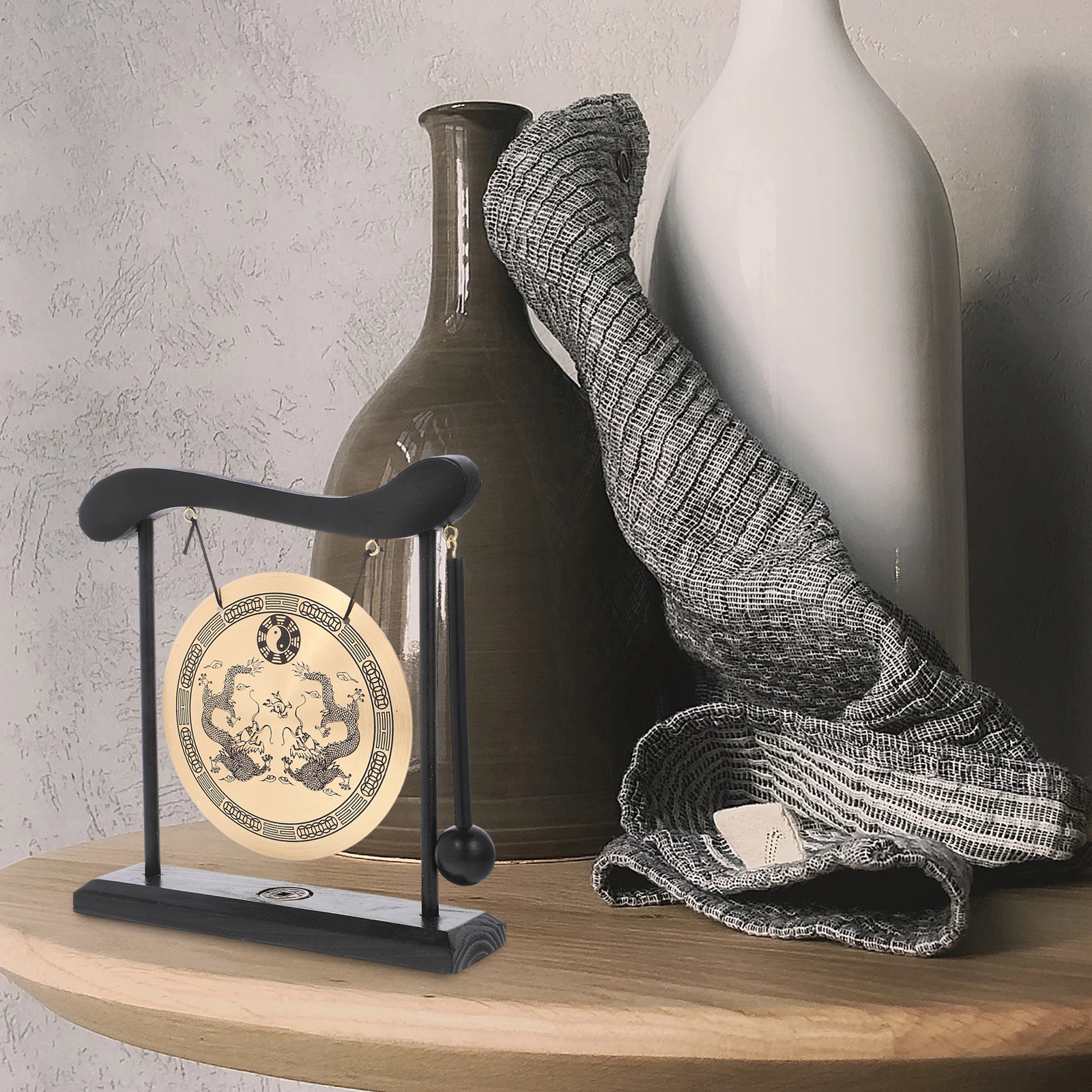 

Desktop Gong Fengshui Bell Chinese Decor Wood Copper Ornament Living Room Table Centerpiece Home Office Decoration Gift