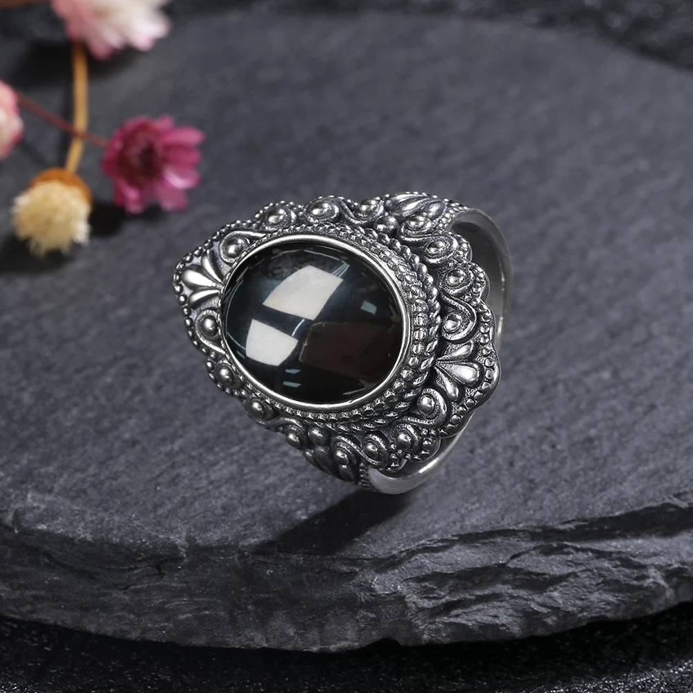 925 Sterling SilverRing for Women Gift Oval Round Natural Black Agate Ring Sun Shaped Retro Jewelry