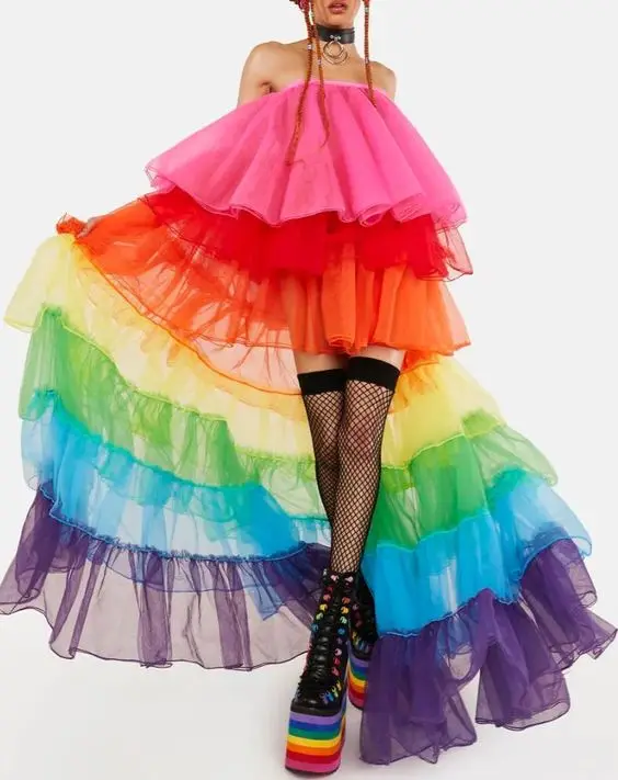 Rainbow Tiered High Low Tulle Women Maxi Dresses To Birthday Party Multi Colored Tutu Tulle Maxi Skirt  Women Long Tule Dress