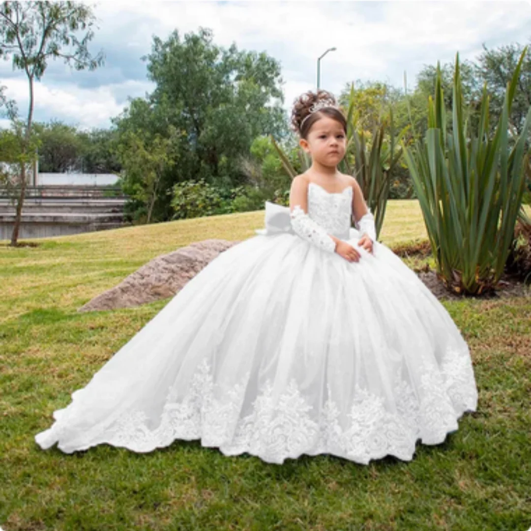 Vestidos brillantes de tul con lentejuelas para niños, vestidos de flores para niñas, cuello redondo, lazo hinchado, fiesta de cumpleaños, vestidos de boda con tren desmontable