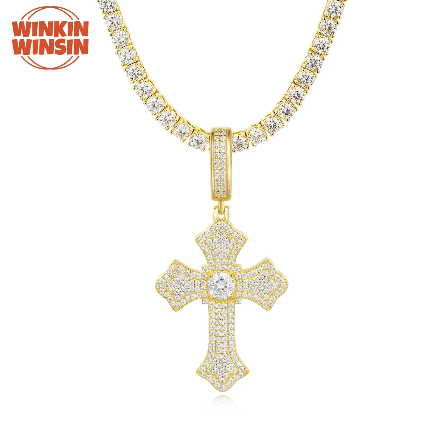 

Winkin Winsin Brand S 925 Sterling Silver Tennis Necklace Cross Pendant Adorned With Hip-Hop Moissanite Woman Necklace Jewelry