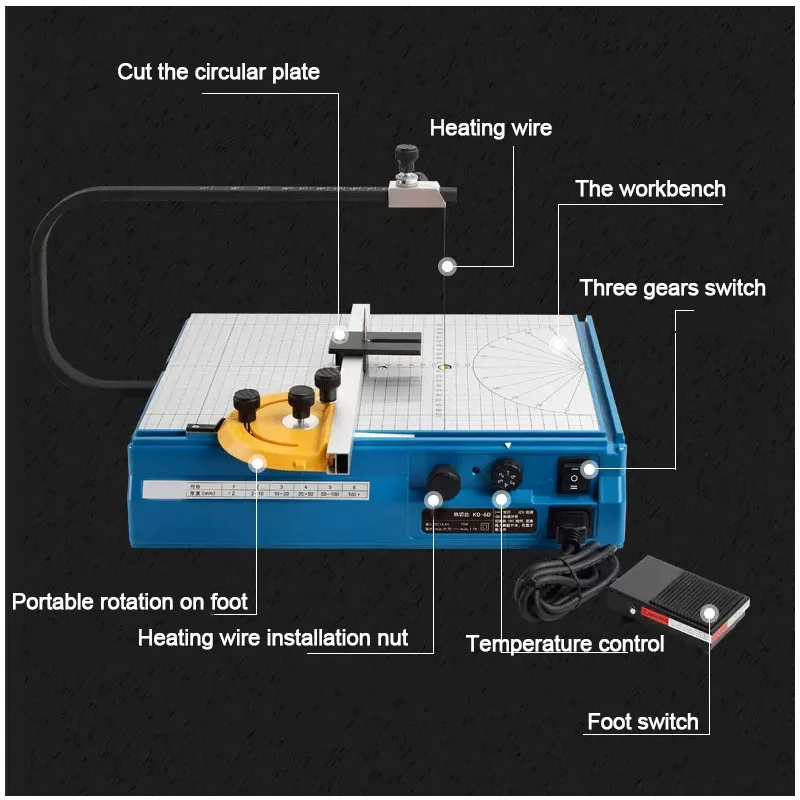 KD-6A 소형 다기능 버블 전기 가열 절단기 KT 보드 진주 면 이동 가열 와이어 조정 가능 0-90 °
