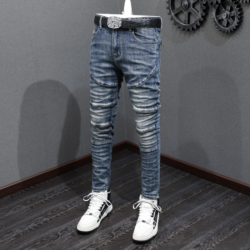 Street Fashion Men Jeans Retro Blue Elastic Stretch Skinny Ripped Jeans Men Zipper Spliced Designer Hip Hop Biker Pants Hombre