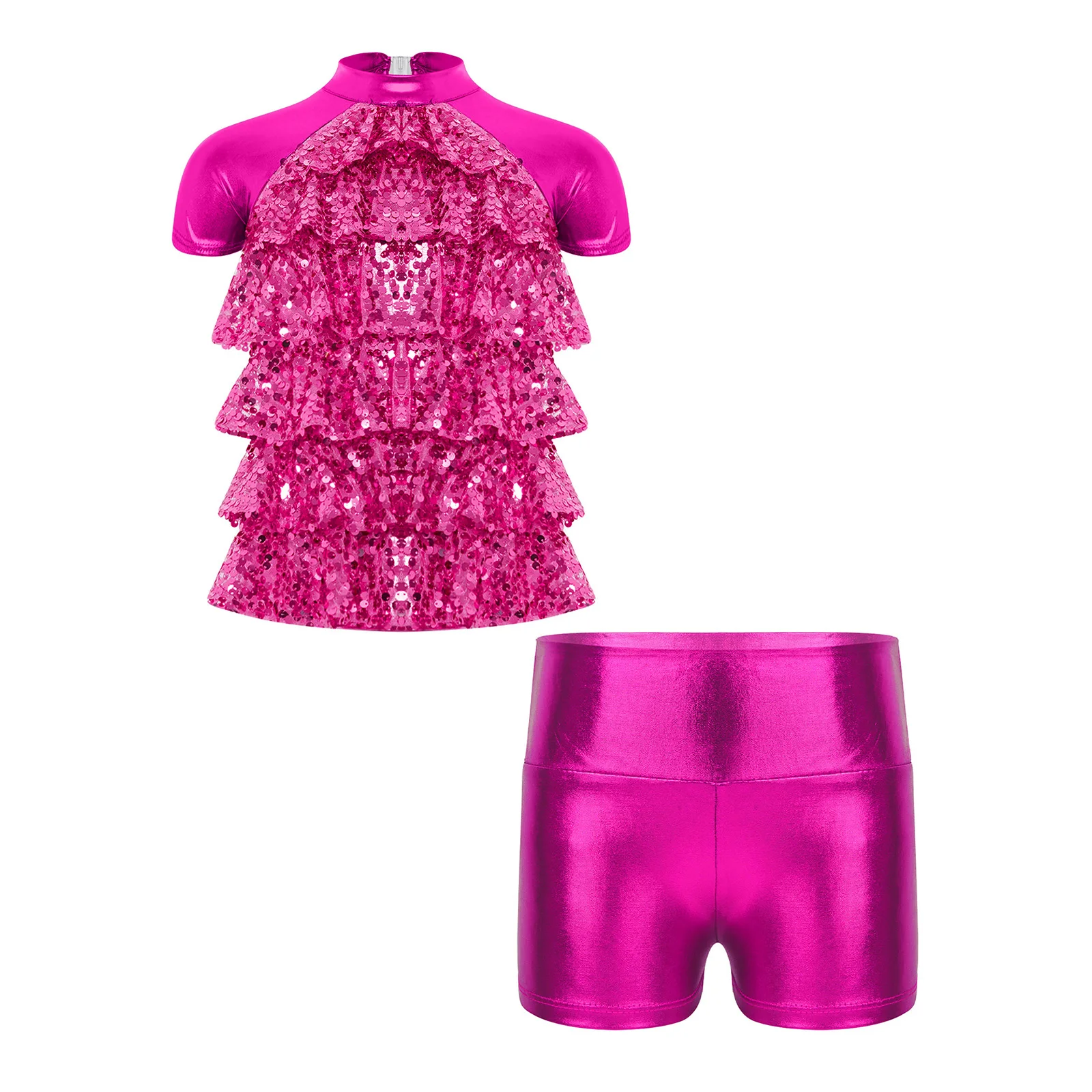 Kids 80s Disco Outfits Girls Tiered Ruffle Hip Hop Costume Sequins Performance Shiny Jazz Dance Show Dancewear Clothes Sets