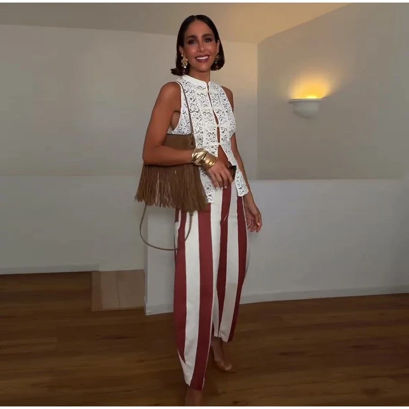 Casual Stripe Contrast Women's Pants Loose Zipper Button Pocket Wide Leg Female Pant 2026 Spring Summer Lady All-match Trousers
