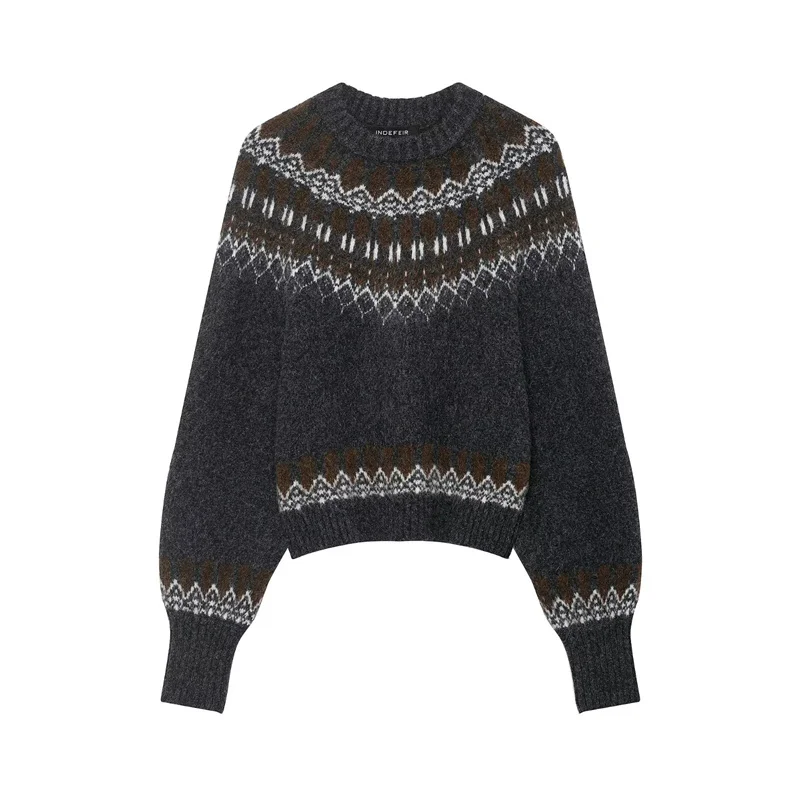 

Женский топ 2025, новинка зимы, темно-серый жаккардовый топ с длинными рукавами и круглым вырезом, теплый вязаный топ, повседневная мода, универсальный стиль