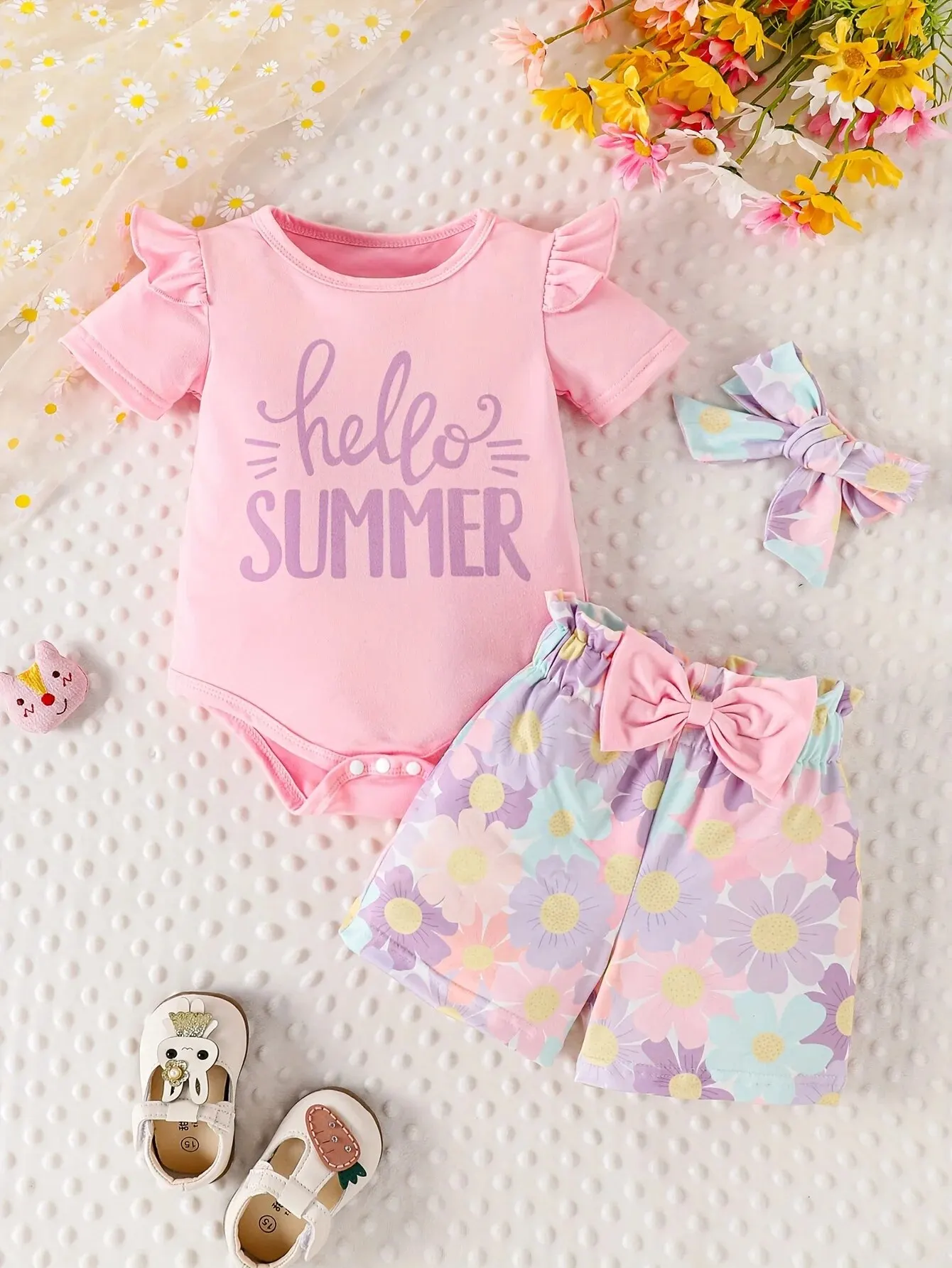 3-Piece Summer Baby Girls New Pink Peplum Short-Sleeved Onesie + Bow Shorts + Headband 3Sweet and Cute Leisure Suits For Newborn