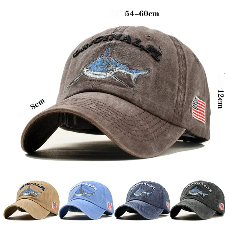 2021 Fashion Summer Women Men Washed Cotton Men Baseball Cap Fitted Cap Snapback Hat Gorras Casual Embroidery Letter Shark Retro