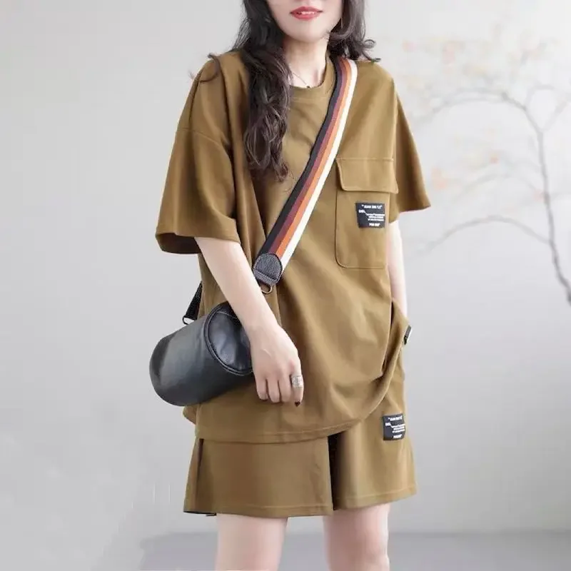 

100% Cotton T Shirts Suits Women Summer Sports Fashion Shorts Loose Oversized T-shirt Two Piece Set Women's Trend Casual Sets