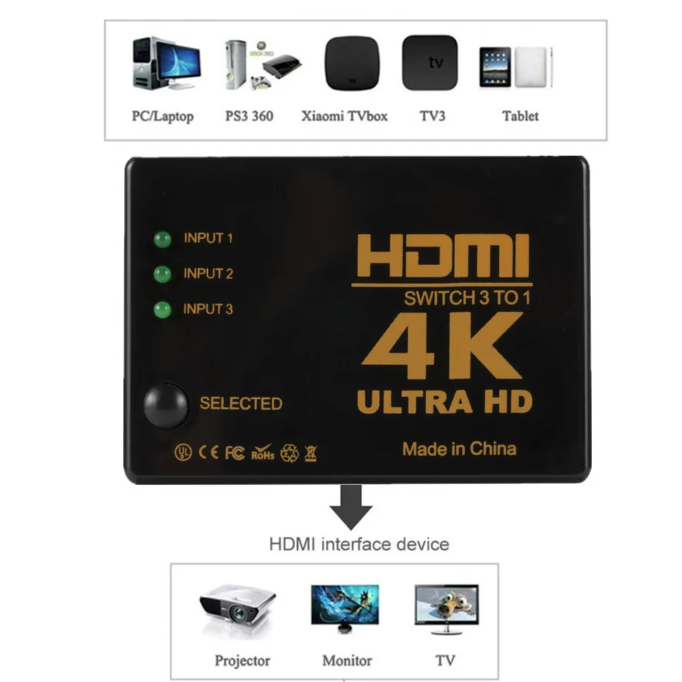 Grwibeou 3x1 4K przełącznik HDMI HD przełącznik wideo Adapter 3 wejście 1 Port wyjściowy rozdzielacz HDMI Hub dla Xbox PS4 DVD HDTV PC Laptop TV