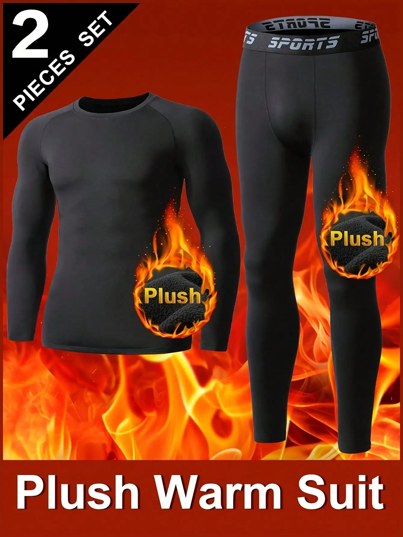 

2-Piece Plush Thermal Underwear Set for Men - Black Long Sleeve Top & Leggings