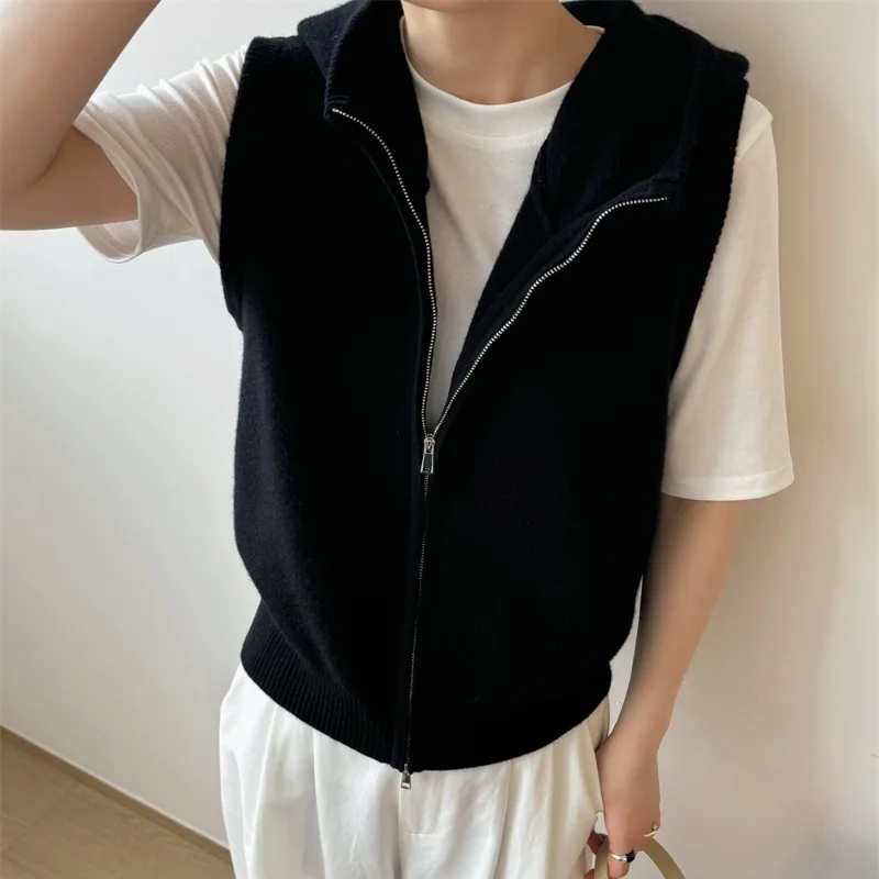 가을 겨울 시리즈 여성용 100% 울 후드 조끼 신상 니트 가디건 민소매 스웨터 짧은 다용도 여성 코트 조끼