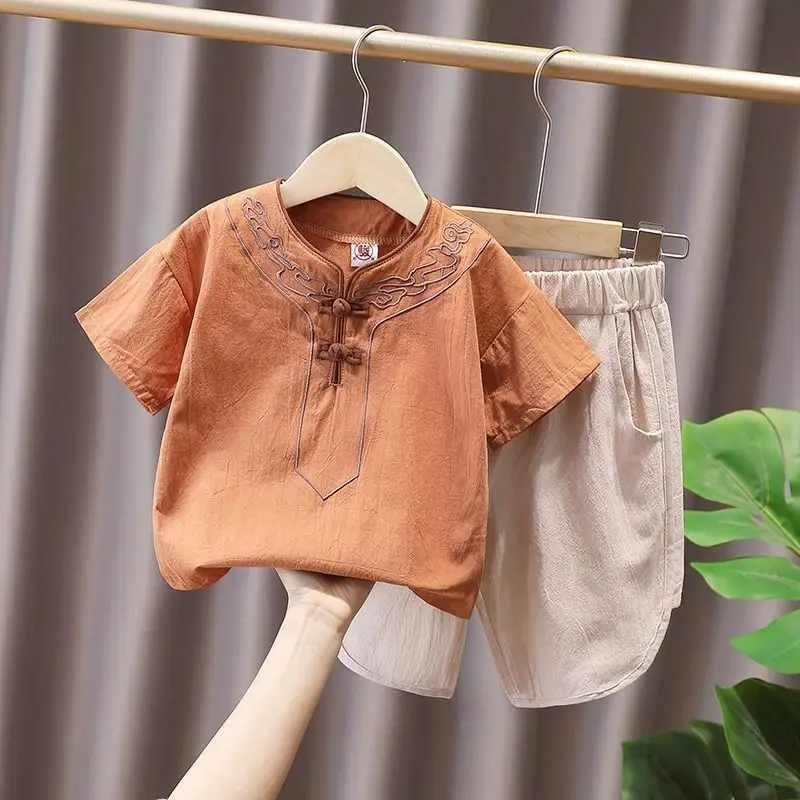 Chinese Traditional Orange Handmade Button Short Sleeve Tang Suit Tops Pants 2pcs Boys Girls Baby Birthday Gifts Wushu Uniform