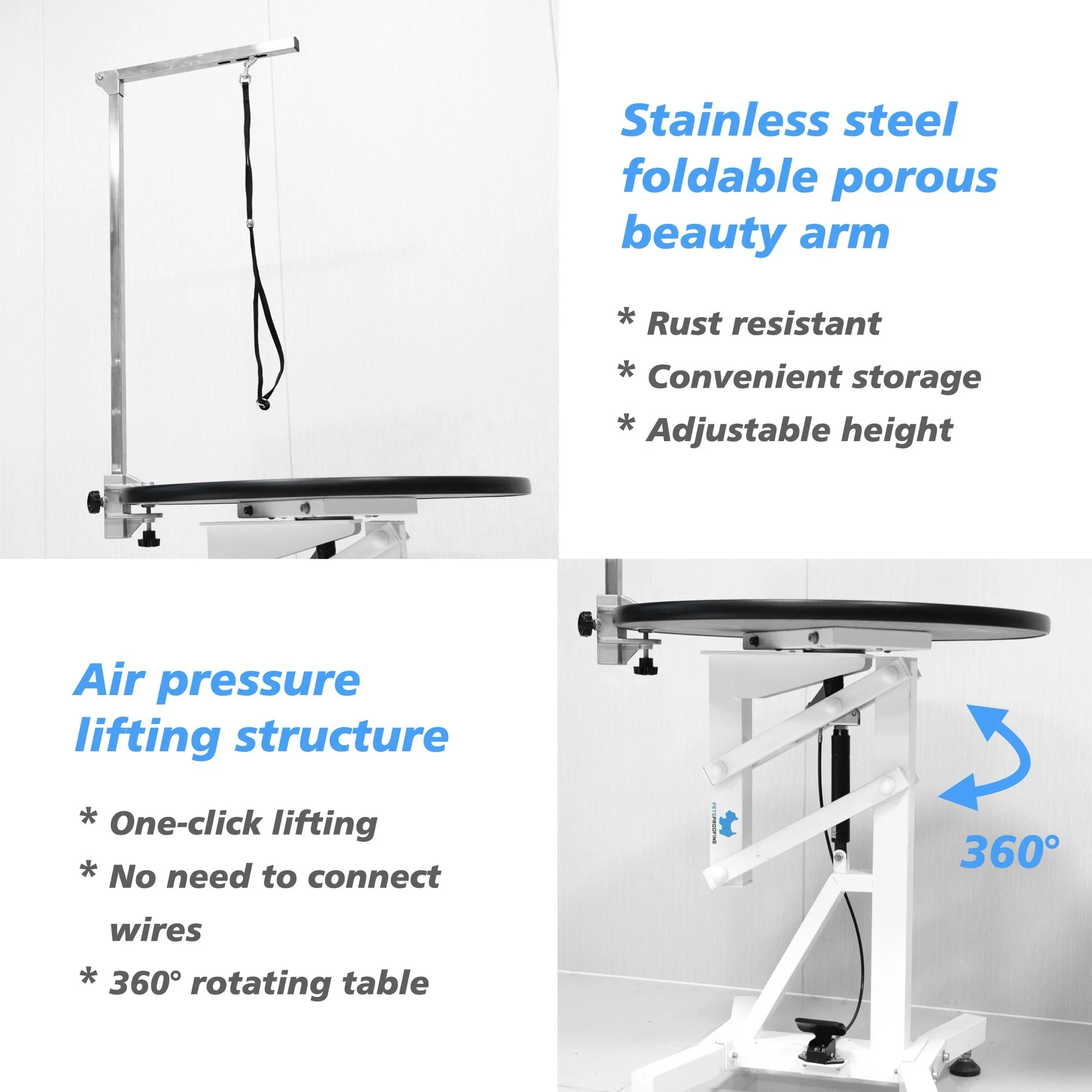 طاولة العناية بالكلاب من الفولاذ المقاوم للصدأ مع رفع هيدروليكي، قاعدة قابلة للتعديل، كبيرة ومتوسطة وصغيرة، سهلة التنظيف