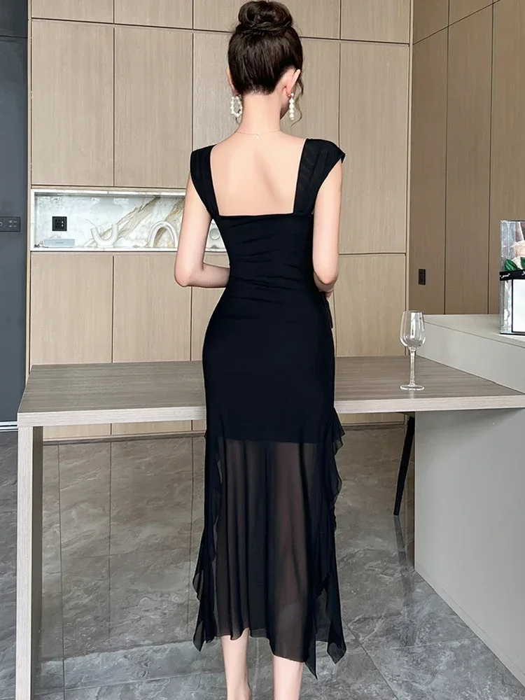 Robe de soirée à volants en maille transparente pour femmes, col carré, fronde, robe de soirée, vintage, rouge, sexy, coréen, luxe, été, nouveau, 2025