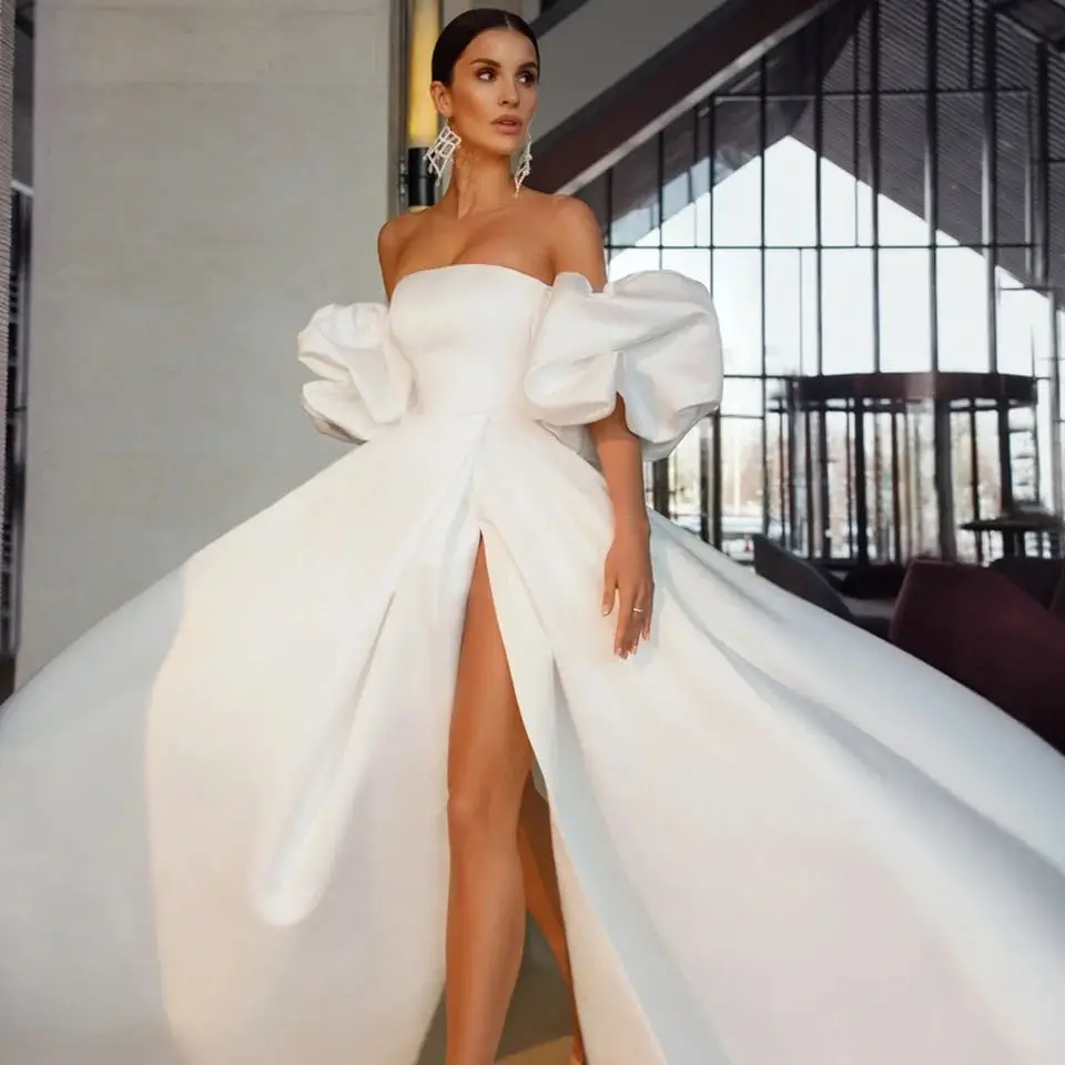 Customized Satin Sexy Wedding Dresses  Puff Sleeve Split Side Bride Dress Strapless A Line Wedding Gowns Women Couture Mariage