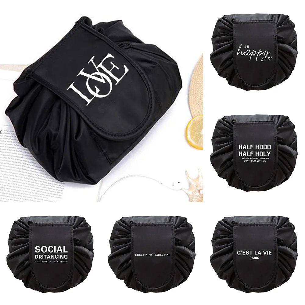 

Text Print Drawstring Cosmetic Bag Travel Storage Women Makeup Bag Organizer Female Make Up Pouch Portable Toiletry Beauty Case