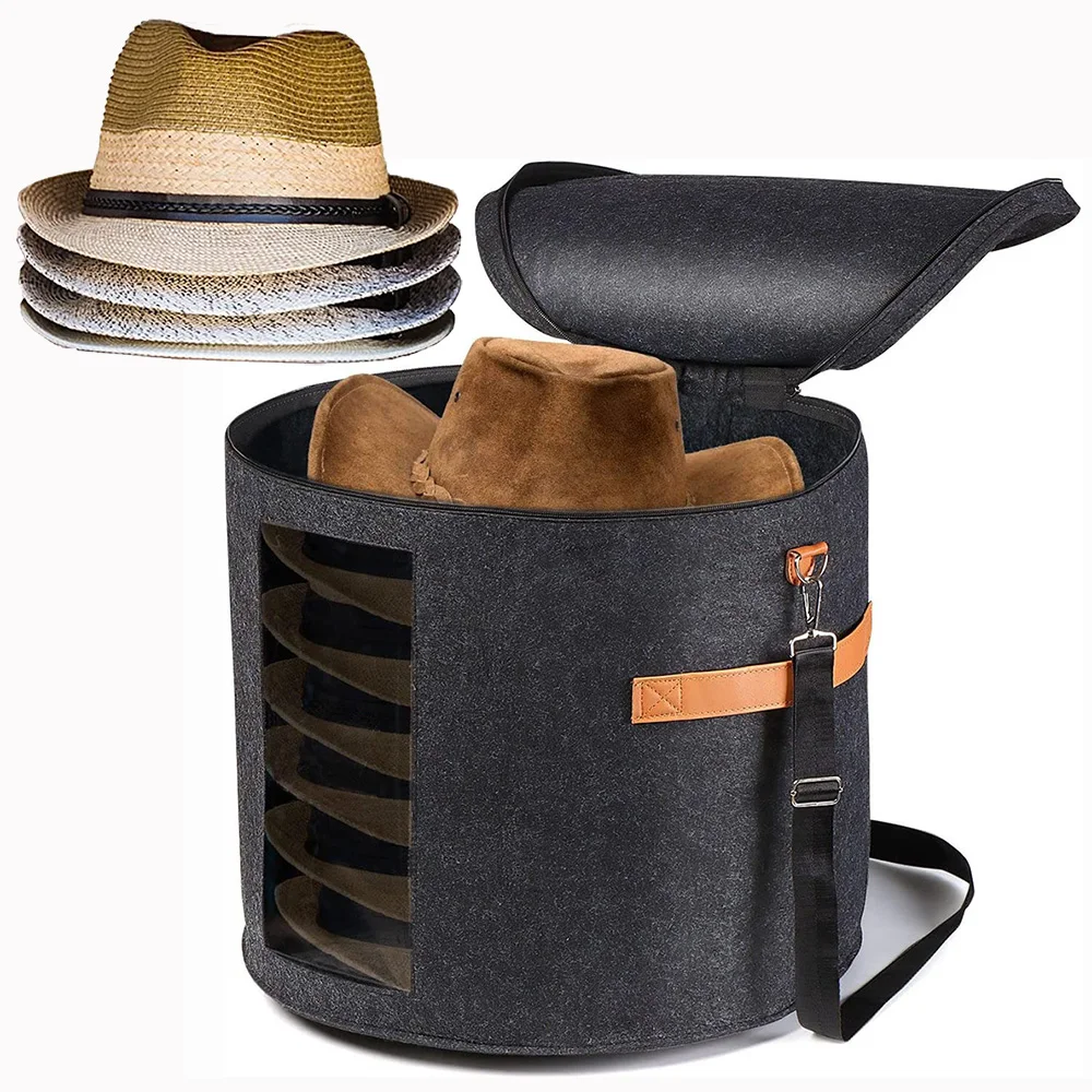 

Large Hat Storage Box Portable Felt Organizer Bucket Foldable Travel Bag Zippered Lid Clear Window Adjustable Shoulder Strap