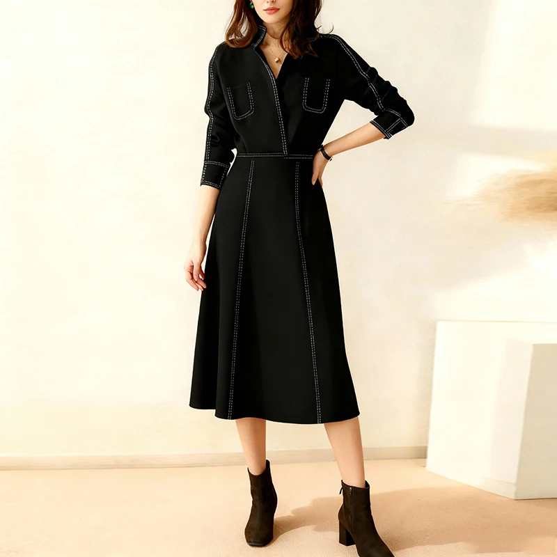 Modigirl-vestido minimalista francés para mujer, vestidos Midi acampanados con costuras contrastantes, elegantes e informales, de Color sólido, 2026