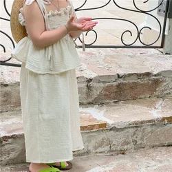 Children Clothing Set Korean Girls Summer Cotton Tie Tank Sling Smocked Top Wide Leg Pants Trousers Outfits Kids Clothes Sets