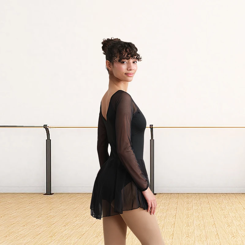 Frauen Langarm Ballett Tanz Trikot Erwachsene Tanz Rock Mesh Splice Ballett Body Volle Vorne Futter ﻿