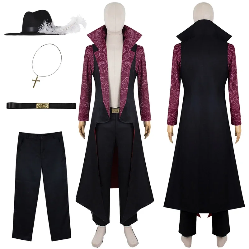 Dracule Mihawk Cosplay Fantasie Gewaad Hoed Anime Piratenkostuum Hoofddeksels Jongen Mannen Volwassen Halloween Carnaval Feestpak