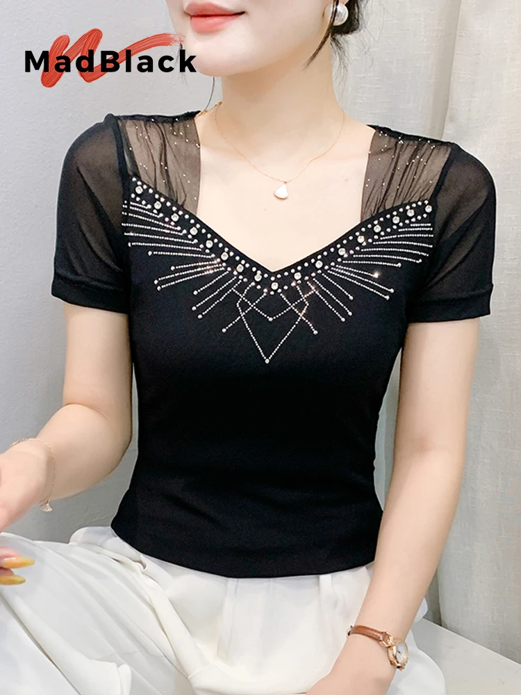 

MadBlack-Women's European T-Shirt, Sexy V Neck Beading Mesh Patchwork, Streetwear Short Sleeve Slim Tee, 2025 Summer T55002CC
