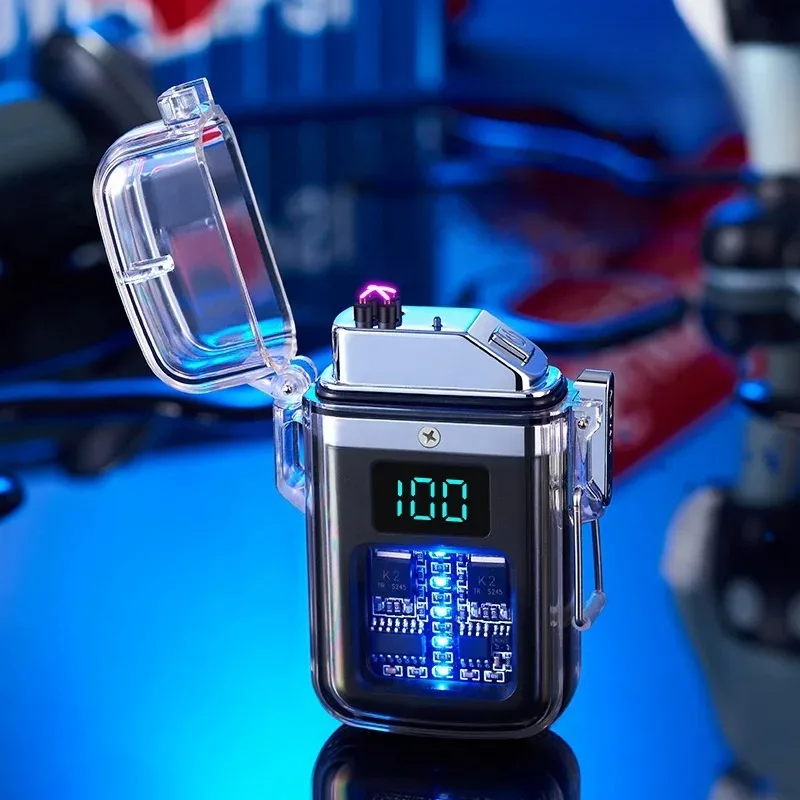 ولاعة نبض بقوس مزدوج ديناميكية جديدة مقاومة للماء والرياح مع شاشة رقمية أداة إضاءة خارجية شفافة للجسم