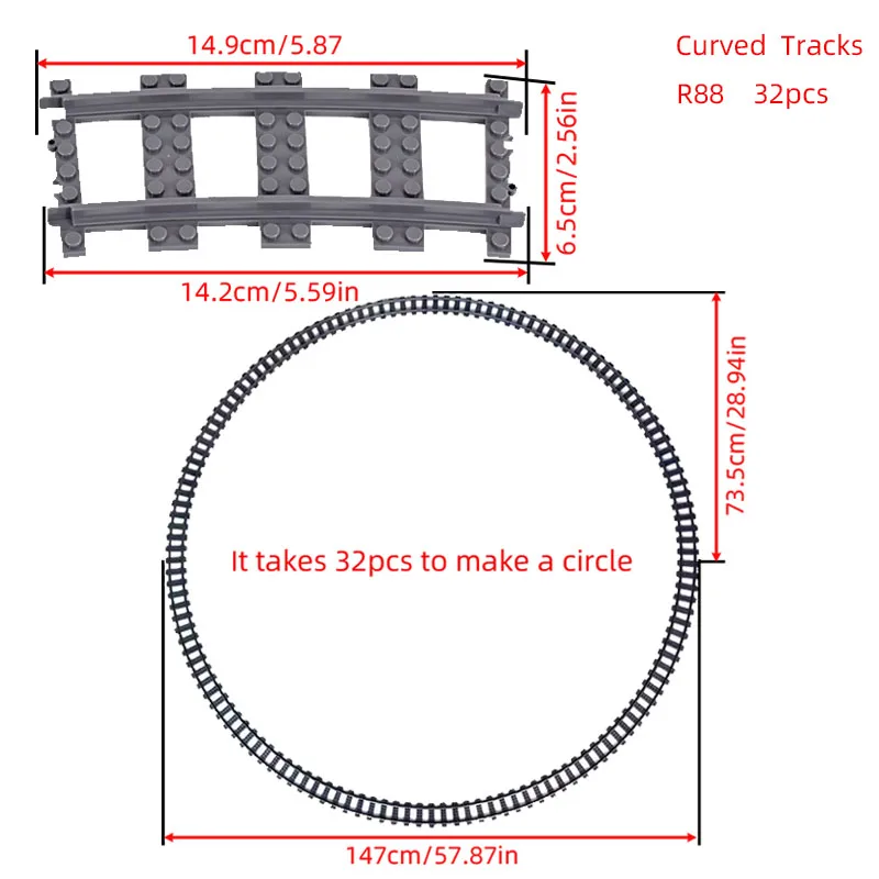 MOC Stadt Ziegel Schalter Kreuz Gabelte Gebogene Schienen Baustein Zug Schiene Kurve Gleise R56 R72 R88 R104 Kreative DIY Spielzeug – Detail 5