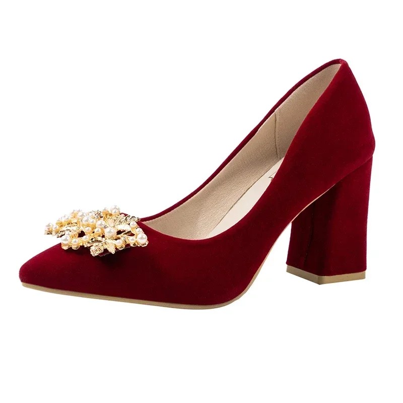 2024 New Spring Summer Autumn Wedding Shoes Women\'s Thick Heels Bride Red Suede Wedding Barefoot Shoes