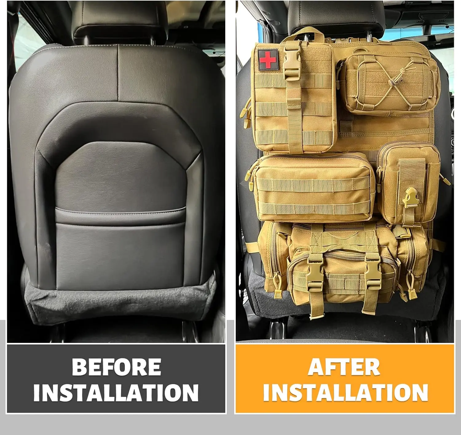 Tactical Car Seat Backrest Organiser Vehicle Panel with 5 Removable Molle Pockets Universal Fit for Most Vehicles, Mud Colour