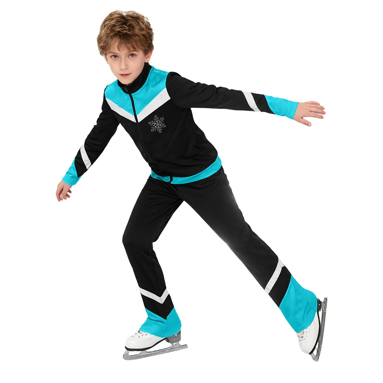 Kids Boys Figure Skating Jacket Training Dance Gymnastics Costume Top Long Sleeve Fleece Lining Rhinestone Snowflake Jacket Coat