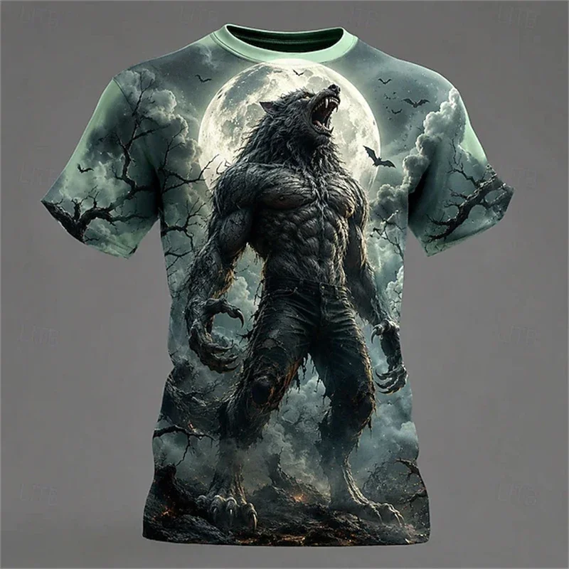 New Men's “Full Moon Night Wolf Howl” Horror-Themed 3D-Printed T-Shirt Perfect for Halloween Parties Round-Neck Short-Sleeve Top