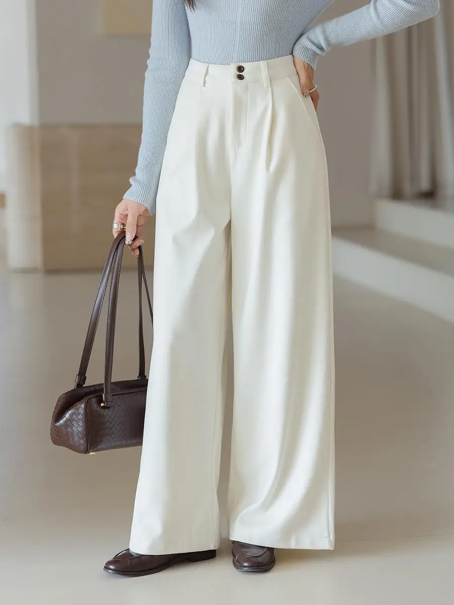 

High Waist Thiened Casual Pants Women's Khaki Wool Wide Leg Loose Straight Tube Pants Spring Autumn New Sle Faionable