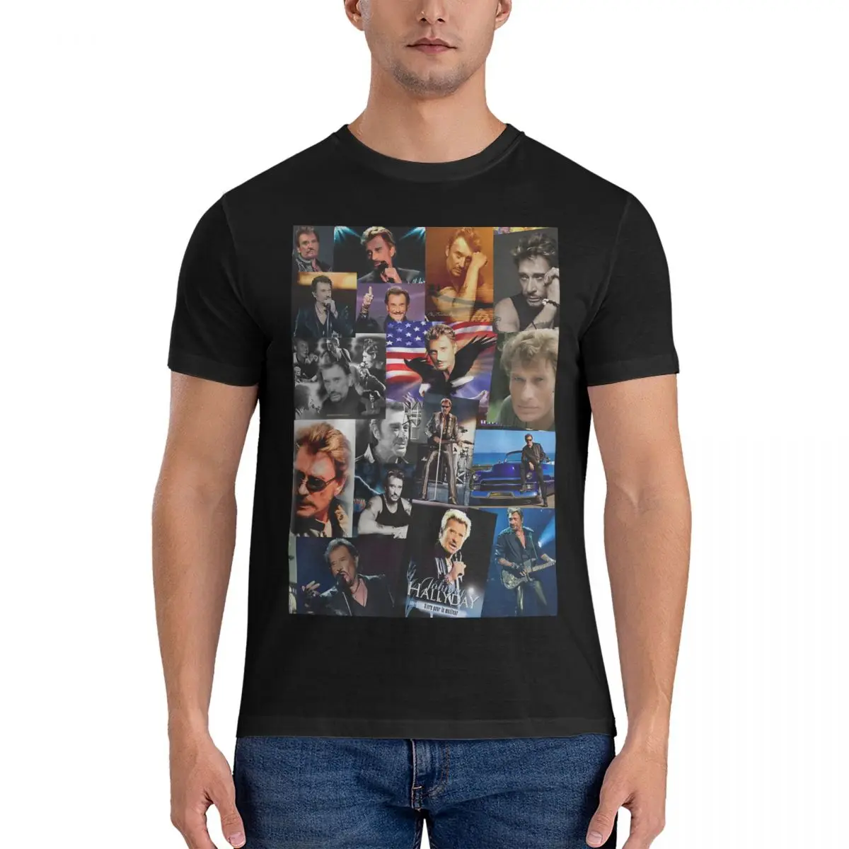 Cool French Singer Assorted Rectangular Vintage Collage T-Shirts for Men Round Neck 100% Cotton T Shirts Johnny Hallyday Short