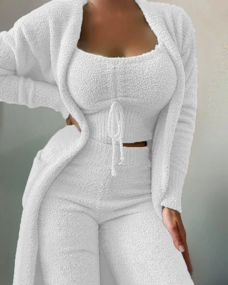 Women's Winter New Fashion Plush Pajamas Three-piece Set，Halter Short Top+high-waisted Straight-leg Pants+long Cardigan Jacket