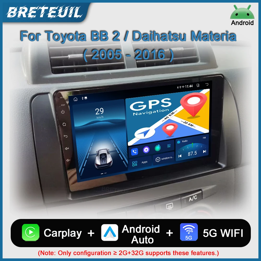 Rádio automóvel com Android, leitor multimédia e vídeo, GPS, CarPlay e ecrã táctil para Toyota BB 2 e Daihatsu Materia 2005-2016.