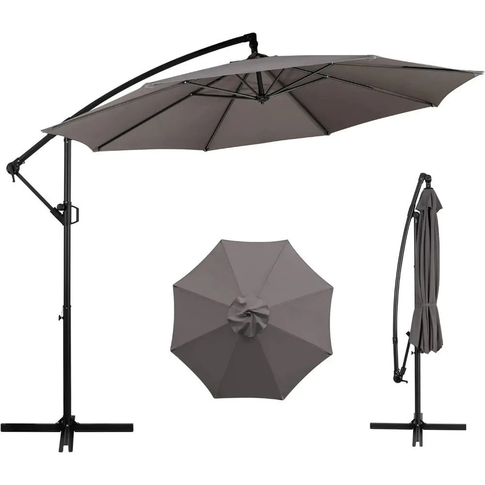 Patio Offset Umbrella w/Easy Tilt Adjustment,Crank and Cross Base, Outdoor Cantilever Hanging with 8 Ribs Waterproof Canopy