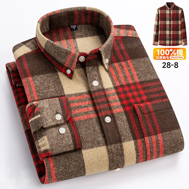 6XL 7XL Men\'s long sleeve shirt 100% cotton wool plaid fashion Spring and autumn solid color casual non-ironing high quality