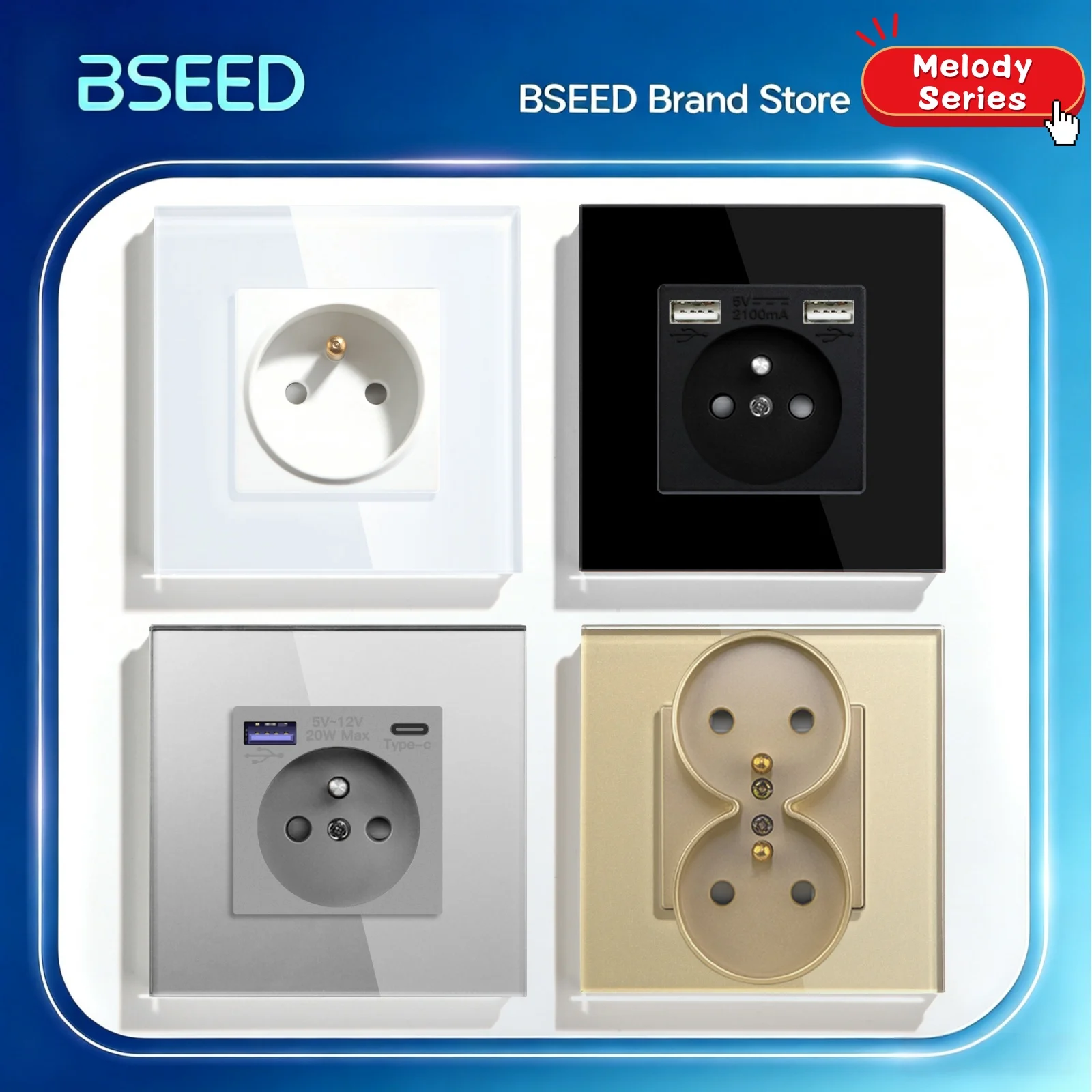 BSEED Francja Standardowe gniazdko elektryczne naścienne Port ładowania USB typu C Panel szklany 20W Szybkie ładowanie Francuskie gniazdo 110-250V
