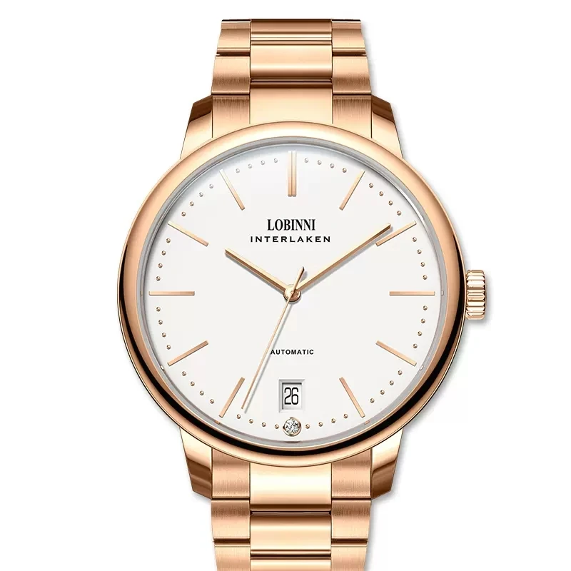 LOBINNI جميع الذهب الوردي سيدة ساعة ميكانيكية أوتوماتيكية الياقوت الزجاج ميوتا 9015 ساعة يد تعمل بالحركة 8.5 مللي متر رقيقة جدا النساء الساعات