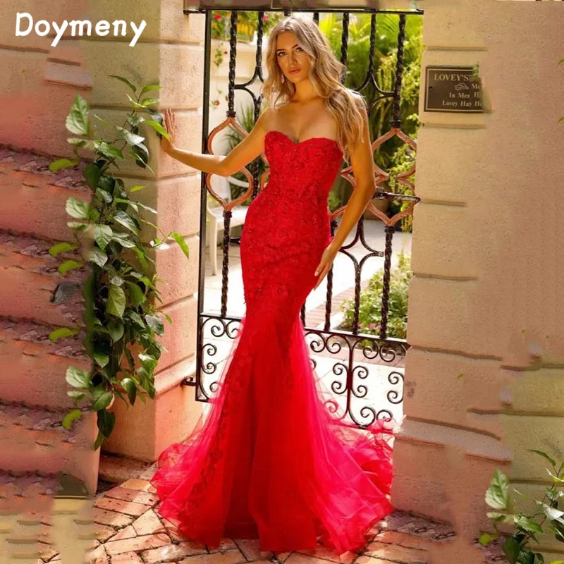 Doymeny Flowers Sweetheart Mermaid Evening Dress Tulle Sleeveless Prom Dress vestidos de noche Party Dress Custom Made