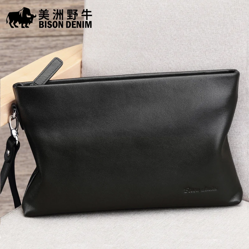 BISONDENIM Genuine Leather Men Clutch Bag Large Capacity Men Handbag For Phone Luxury Brand Pouch Men\'s Soft Wallet Man Bag