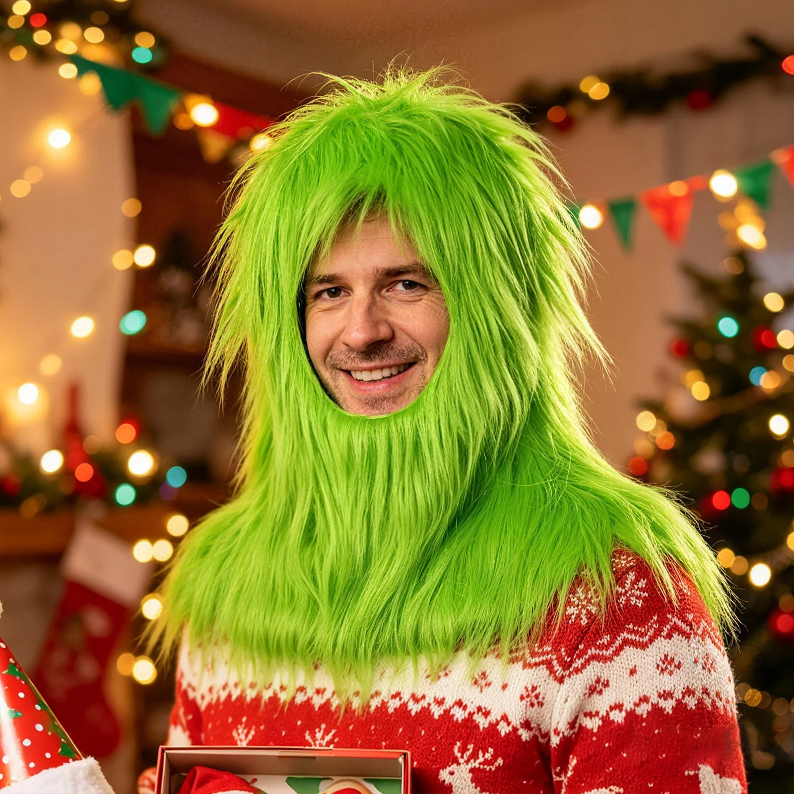 Christmas Green Costume for Adults Furry Funny Mask Faux Fur Xmas Halloween Party Cosplay Outfit Christmas Decoration